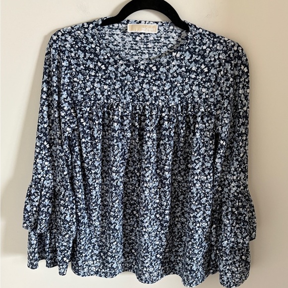 Michael Kors Navy Floral Blouse Long Sleeve Bell Style with Ruffles - Picture 1 of 8